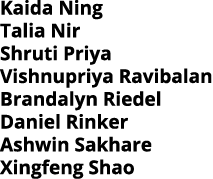 Kaida Ning Talia Nir Shruti Priya Vishnupriya Ravibalan Brandalyn Riedel Daniel Rinker Ashwin Sakhare Xingfeng Shao 
