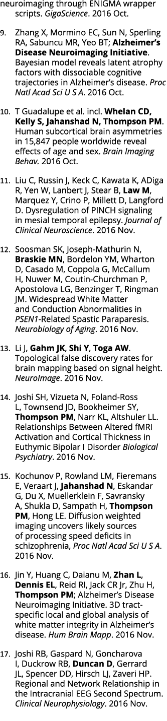 neuroimaging through ENIGMA wrapper scripts. GigaScience. 2016 Oct. 9. Zhang X, Mormino EC, Sun N, Sperling RA, Sabun...