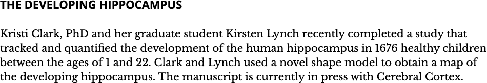 The Developing Hippocampus Kristi Clark  PhD and her graduate student Kirsten Lynch recently completed a study that t   