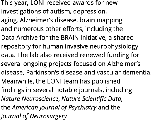 This year  LONI received awards for new investigations of autism  depression  aging  Alzheimer s disease  brain mappi   