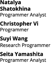 Natalya Shatokhina Programmer Analyst Christopher Vi Programmer Suyi Wang Research Programmer Seita Yamashita Program   