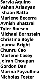 Sarvia Aquino Vahan Aslanyan Ishaan Batta Marlene Becerra Avnish Bhattrai Tyler Boesen Michael Bornstein Christina Bo   