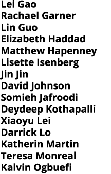 Lei Gao Rachael Garner Lin Guo Elizabeth Haddad Matthew Hapenney Lisette Isenberg Jin Jin David Johnson Somieh Jafroo   