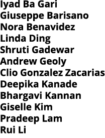 Iyad Ba Gari Giuseppe Barisano Nora Benavidez Linda Ding Shruti Gadewar Andrew Geoly Clio Gonzalez Zacarias Deepika K   
