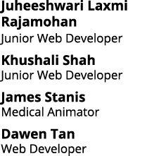 Juheeshwari Laxmi Rajamohan Junior Web Developer Khushali Shah Junior Web Developer James Stanis Medical Animator Daw   