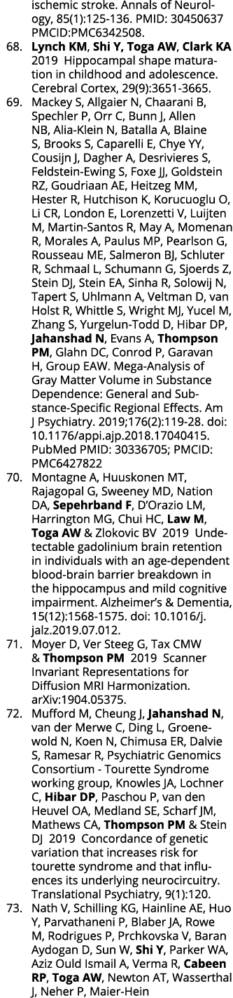 ischemic stroke  Annals of Neurology, 85(1):125-136  PMID: 30450637 PMCID:PMC6342508  68  Lynch KM, Shi Y, Toga AW, C   