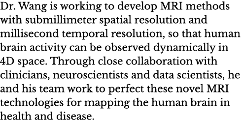 Dr  Wang is working to develop MRI methods with submillimeter spatial resolution and millisecond temporal resolution,   