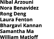 Nibal Arzouni Nora Benavidez Rong Deng Laura Fenton Bhargavi Kannan Samantha Ma William Matloff 