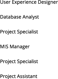 User Experience Designer Database Analyst Project Specialist MIS Manager Project Specialist Project Assistant