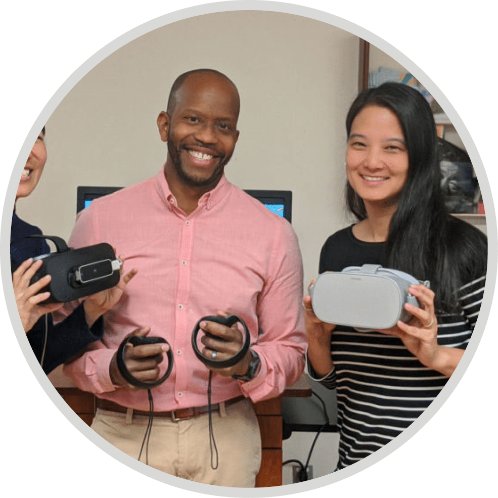 Sook-Lei-Liew,  James M  Finley and Judy Pa, from left, in the USC SMART-VR Center  (Photo Courtesy of Sook-Lei Liew)
