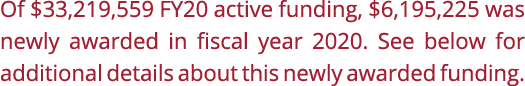 Of  33,219,559 FY20 active funding,  6,195,225 was newly awarded in fiscal year 2020  See below for additional detail   