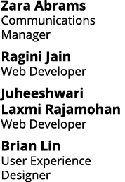 Zara Abrams Communications Manager Ragini Jain Web Developer Juheeshwari Laxmi Rajamohan Web Developer Brian Lin User   