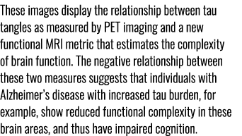These images display the relationship between tau tangles as measured by PET imaging and a new functional MRI metric ...