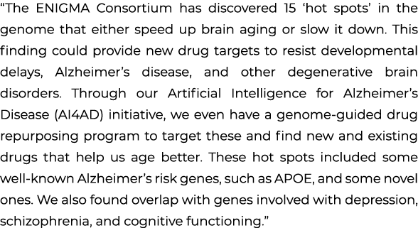 “The ENIGMA Consortium has discovered 15 ‘hot spots’ in the genome that either speed up brain aging or slow it down. ...