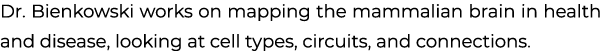 Dr. Bienkowski works on mapping the mammalian brain in health and disease, looking at cell types, circuits, and conne...
