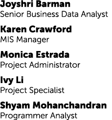 Joyshri Barman Senior Business Data Analyst Karen Crawford MIS Manager Monica Estrada Project Administrator Ivy Li Pr...